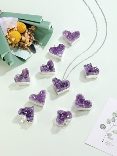 Jovivi Natural Amethyst Cluster Crystal Necklace for Women Men,Irregular Raw Rough Amethyst Quartz Stone Pendant Necklace Jewelry for Spiritual Reiki Healing,Beauty, Love and Positive Energy - color: Silver Plated - Heart Crystal