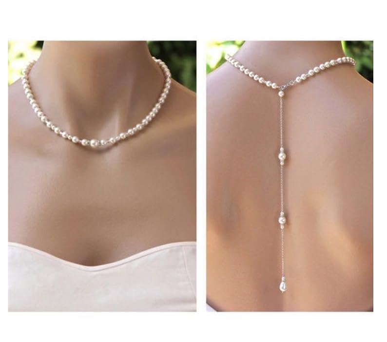 White Elegant Boho Pearl Back Chain Necklace Vintage Pearl Backdrop Long Sexy Tassel Pendant Body Chain Backless Dress Accessories for Women Wedding Brides and Prom Off-shoulder Dressing