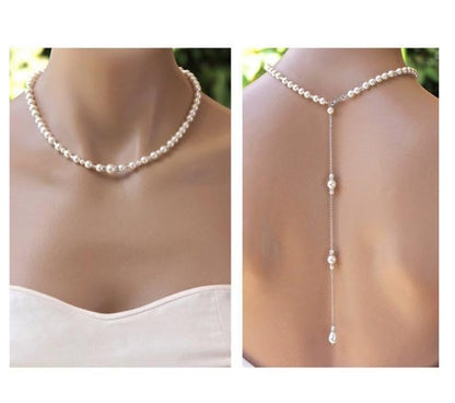 White Elegant Boho Pearl Back Chain Necklace Vintage Pearl Backdrop Long Sexy Tassel Pendant Body Chain Backless Dress Accessories for Women Wedding Brides and Prom Off-shoulder Dressing