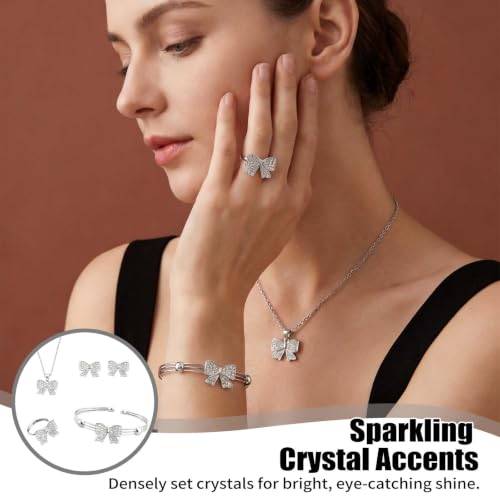 1 Set 4 Pcs Bow Jewelry Set Silver-tone Rhinestone Adjustable Bow Necklace, Earrings, Bracelet, Ring for Women, Party, Daily - color: Sliver