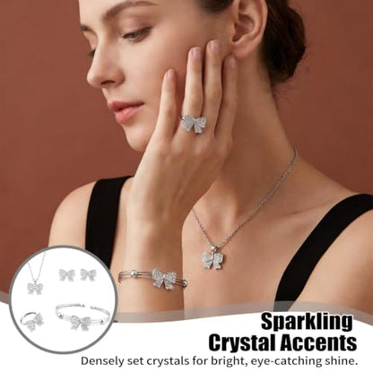 1 Set 4 Pcs Bow Jewelry Set Silver-tone Rhinestone Adjustable Bow Necklace, Earrings, Bracelet, Ring for Women, Party, Daily - color: Sliver
