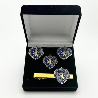Men’s Cufflinks, Tie Bar, and Tie Pin Set – Royal Blue on Gold with Raised Lion Crest, Gift-Boxed for Business and Formal Occasions - color: Royal Blue on Gold