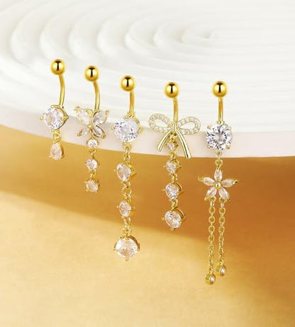 BSJ4U Belly Button Rings Gold Plated Silver Pink Clear CZ Belly Rings for Women Heart Bow Flower Butterfly Teardrop Dangle Navel Belly Button Piercing Jewelry - color: Gold Plated Clear Dangle Belly Button Rings