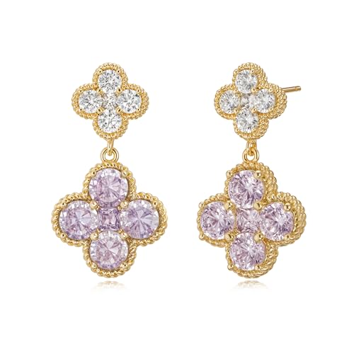 MTMY Dangle Earrings for Women 14K Gold Plated Four Leaf Clover Dangling Drop Birthstone Stud Earrings Trendy Flower Birthstone Jewelry Birthday Gifts - style: Jun.-Alexandrite