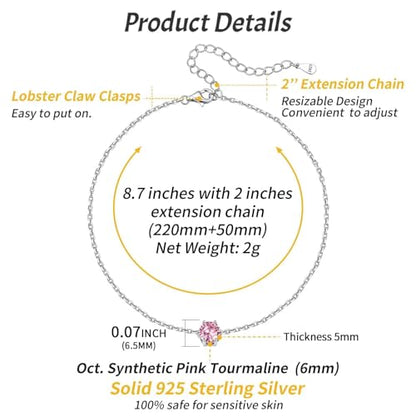 ChicSilver 925 Sterling Silver Anklets for Women, Simple Dainty Round/Heart Birthstone Ankle Bracelet Beach Foot Jewelry, 8.7-10.7 Inch Adjustable - color: 10. Round - October(Tourmaline)