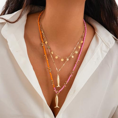 Fish Necklace for Women Handmade Beaded Y Pendant Necklace Colorful Summer Beach Boho Layering Choker Necklaces - color: Gold
