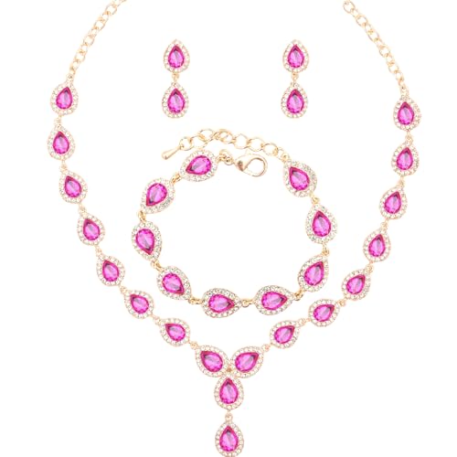 Austrian Crystal Rhinestone Necklace Dangle Earrings Link Bracelet Jewelry Set for Brides Bridesmaid Prom Costume Accessories for Women - color: Rose Red-Gold Plated