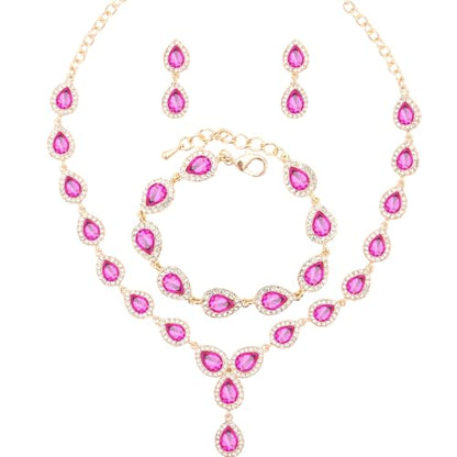 Austrian Crystal Rhinestone Necklace Dangle Earrings Link Bracelet Jewelry Set for Brides Bridesmaid Prom Costume Accessories for Women - color: Rose Red-Gold Plated