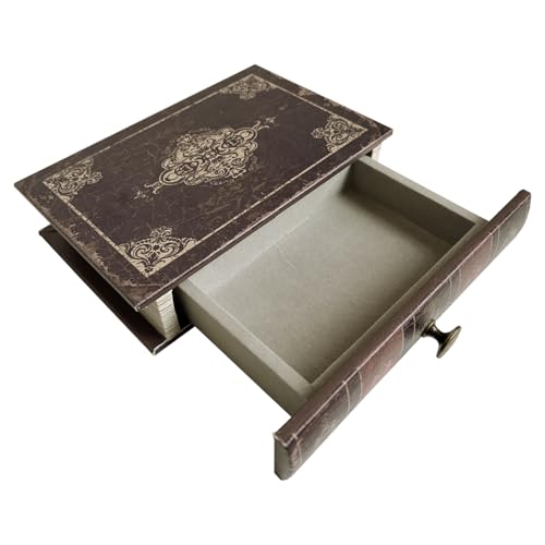 Vintage Decorative Book Storage Box with Drawer, Distressed Dark Brown Faux Leather Finish with Ornate Pattern, Hidden Keepsake Case for Desk or Bookshelf Display 11.8″ x 8.7″ x 2.4″ - color: Distressed Dark Brown, size: L