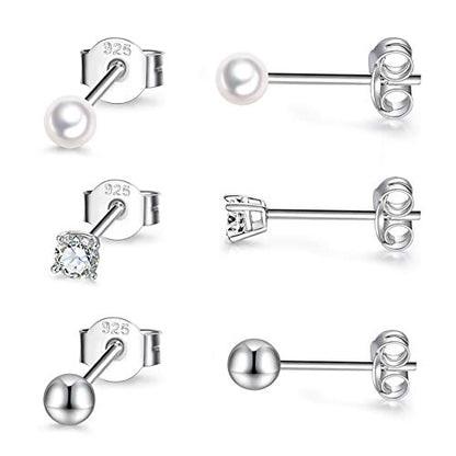 EPIRORA Sterling Silver Stud Earrings for Women Men- 3 Pairs 3mm Tiny Ball Stud Earrings Round CZ Earrings Pearl Earrings Set Cartilage Small Tragus Earrings - style: 3 Pairs-Pearl*1,Round Ball*1,CZ*1