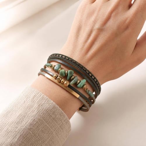 Wrap Bracelets for Women PU Leather Multi-Layer Boho Bracelet with Clasp Handmade Irregular Beads Cuff Bangle Stackable Jewelry Gift - color: Green