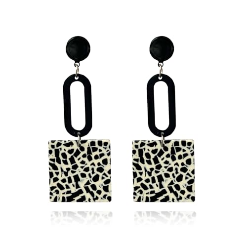 Retro Trendy Acrylic Multicolor Mottled Geometric Drop Earrings | Statement Dangle Jewelry for Women - color: white