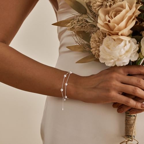 NECOCY 14K Gold Plated Pearl Bracelets for Women, Dainty Bracelets Stack Trendy Pearls Beaded Link Chain Charm Bracelets Set Layered Tiny Wedding Prom Jewelry Gift for Women Mother's Day Graduation - style: Style-2-Silver