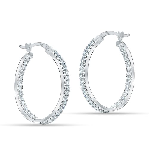 LeCalla 925 Sterling Silver Cubic Zirconia Hoop Earrings | Silver Small Chunky CZ Hoop Earrings | Hypoallergenic Round Click-Top Earring Hoops for Women - color: CZ Inside-Out -25MM