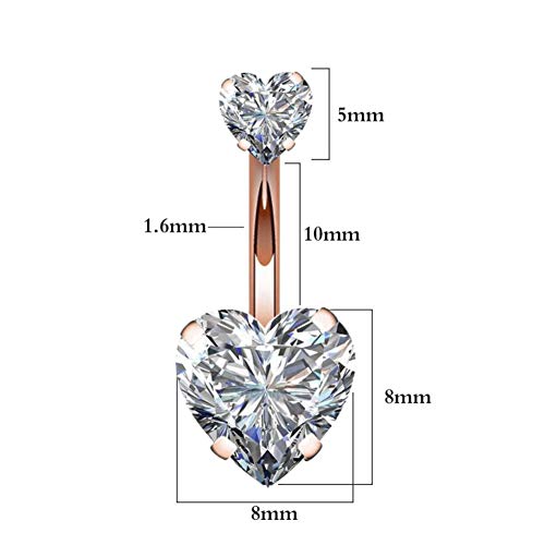 YHMM 14G Surgical Steel Belly Button Rings Double Heart Cubic Zirconia Navel Barbell Stud Body Piercing - color: A: Rose Gold Tone