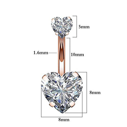 YHMM 14G Surgical Steel Belly Button Rings Double Heart Cubic Zirconia Navel Barbell Stud Body Piercing - color: A: Rose Gold Tone