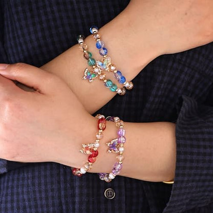 12 Pcs Butterfly Glass Beaded Stretch Bracelets for Women, 6 Colors Crackle Crystal Bead Elastic Bracelet Set with Enamel Charm, Stackable Handmade Jewelry Gift for Daily & Party Wear