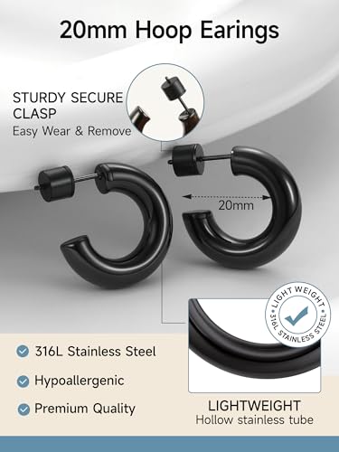 PROSTEEL Chunky Hoop Earrings for Women 14K Gold Plated/Black/Silver | 20/30/40/50/60/70/80mm Stainless Steel Thick Big Round Hoop with Waterproof and Non Tarnish Trendy Jewelry with Gift Box - color: 2. Black, size: 20MM