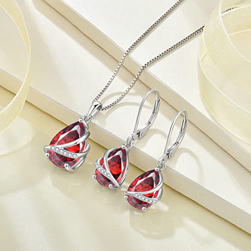 Birthstone Pendant Necklace 925 Sterling Silver Teardrop Jewelry for Women - color: Deep Red