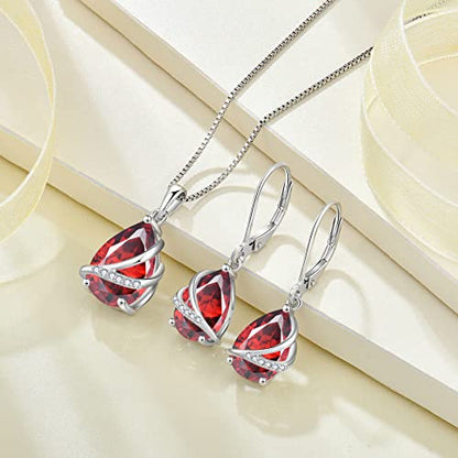 Birthstone Pendant Necklace 925 Sterling Silver Teardrop Jewelry for Women - color: Deep Red