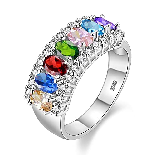 Uloveido Beautiful Women's 7 Stones Wedding Band Oval Cubic Zirconia Engagement Anniversary Rings J501 - color: Platinum-Rainbow