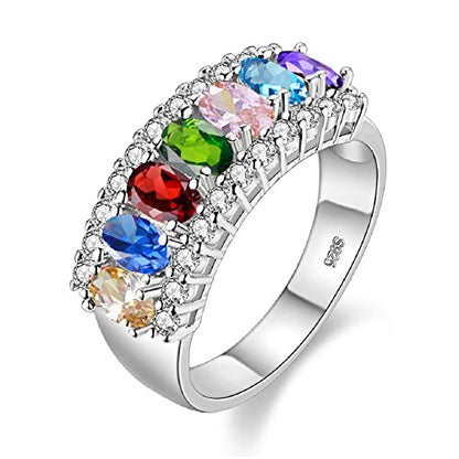 Uloveido Beautiful Women's 7 Stones Wedding Band Oval Cubic Zirconia Engagement Anniversary Rings J501 - color: Platinum-Rainbow