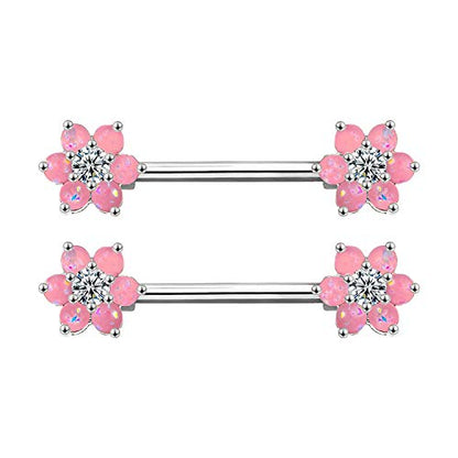 14G Opal Flower CZ Nipple Barbell Nipple Ring Piercing Jewelry for Women - color: pink