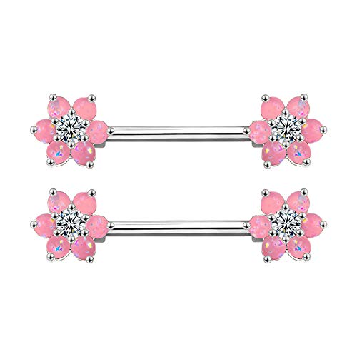 14G Opal Flower CZ Nipple Barbell Nipple Ring Piercing Jewelry for Women - color: pink