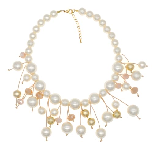 utop JNF Hand made Pearl Statement Necklace for Women Rhinestone Multilayer Crystal Necklaces Chunky Pearl Necklace Large Pearl Necklace and Earrings Set for Mother Mom's gift - color: white pearl bib necklace