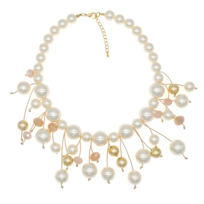 utop JNF Hand made Pearl Statement Necklace for Women Rhinestone Multilayer Crystal Necklaces Chunky Pearl Necklace Large Pearl Necklace and Earrings Set for Mother Mom's gift - color: white pearl bib necklace