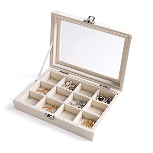 Tiny 12 Grid Earring Organizer Tray, Velvet Jewelry Box with Lid | Jewelry Tray With Lid,Adjuatable Dividers,Velvet Lining,Earring Organizer Box, Display Case,Drawer Insert,Gift For Women - color: Beige, size: 12 Grid