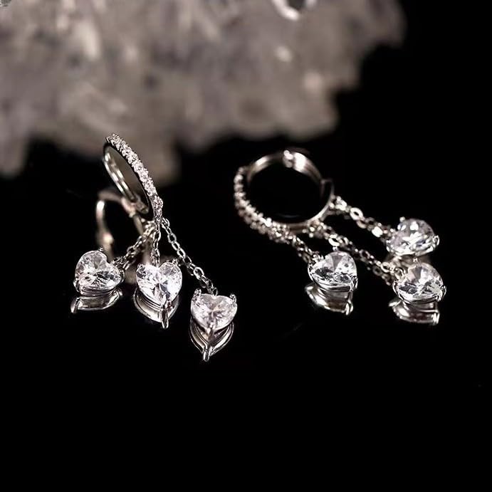 Heart Tassel Huggie Hoop Earrings for Women, 18K Gold Plated White Gold Finish, Sparkling Cubic Zirconia Dangle Earrings, Triple Chain Heart Charm Jewelry, Romantic Minimalist Accessories