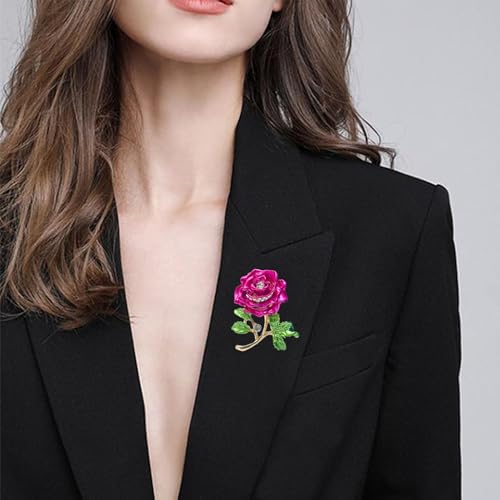 Gradient Purple Rose Flower Brooch Enamel Crystal Floral Lapel Pin Gold Tone Elegant Brooch for Women Suit Coat Scarf Accessory - color: Hot Pink