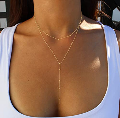 Foxgirl Lariat Gold Necklace for Women, Dainty Long Necklace 14k Gold Plated/Silver Y-Shaped Pendant Necklace Trendy Layered Cz Beaded Chain Drop Necklaces Simple Gold Jewelry For Women Gift - color: Y Layered Bead Necklace-GD