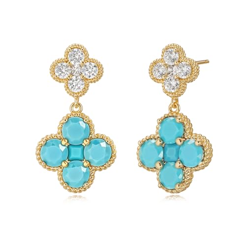 MTMY Dangle Earrings for Women 14K Gold Plated Four Leaf Clover Dangling Drop Birthstone Stud Earrings Trendy Flower Birthstone Jewelry Birthday Gifts - style: Dec.-Turquoise