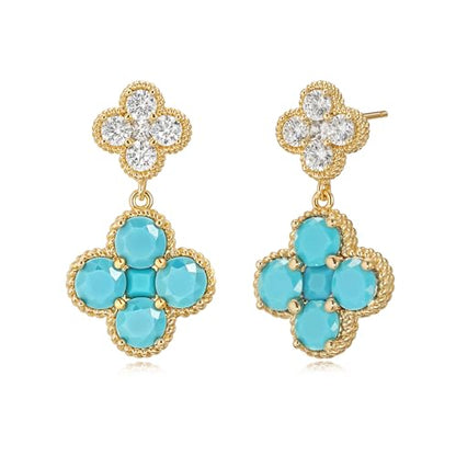 MTMY Dangle Earrings for Women 14K Gold Plated Four Leaf Clover Dangling Drop Birthstone Stud Earrings Trendy Flower Birthstone Jewelry Birthday Gifts - style: Dec.-Turquoise