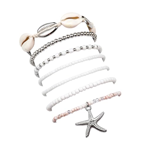 Bohemian Stackable Shell Beaded Ankle Bracelets for Women Colorful Boho Multi-Layer Seashell Gold Starfish Adjustable Handmade Braid Bracelet Summer Beach Holiday Accessories Gifts - color: Silver