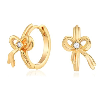 VACRONA Cubic Zirconia Huggie Earrings 14k Gold Plated Tiny Earrings Small Huggie Hoop Earrings Simple Lightweight Hoops Gift for Women - color: Bow-Gold