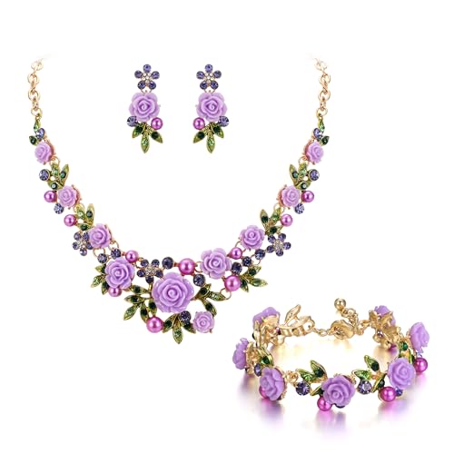 EVER FAITH Costume Jewelry Crystal Simulated Pearl Rose Flower Leaf Prom Party Statement Necklace Earrings Bracelet Set for Women - color: Purple Gold-Tone