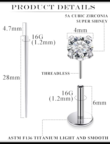 20G 18G 16G F136 Titanium Threadless Flat Back Earrings Nose Studs Tragus Forward Helix Conch Cartilage Lobe Earrings Medusa Labret Snake Bite Monroe Lip Ring Piercing Jewelry For Women Men - size: 16G-6MM Bar-CZ 4MM