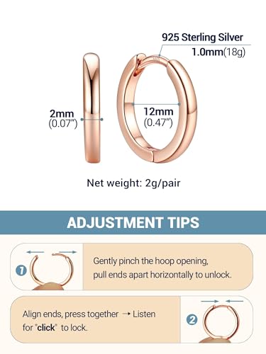 PROSTEEL Huggie Hoop Earrings For Women with 925 Sterling Silver Post | 8/10/12/14/16/18/20mm,14K Gold Plated/Black/Rose Gold/Silver Brass Lightweight Cubic Zirconia Cartilage Piercing Earring - color: 1. Rose Gold, size: 12mm