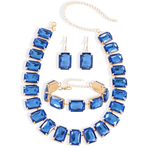 KOSMOS-LI Rectangle Faux Crystal Jewelry Sets Includ Necklace Bracelet Earrings For Women Stocking Stuffers - color: blue