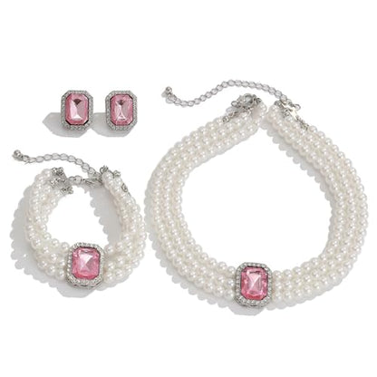 Wekicic Faux Pearl Necklace Earrings Set for Women Crystal Pearl Choker Necklace Bracelet Set 1920s Jewelry for Wedding Party - color: Pink