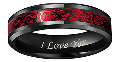 CROWNAL Black Dragon Men Black Tungsten Carbide Ring Wedding Band 6mm 8mm 10mm Red Carbon Fiber Black Celtic Dragon Inlay Engraved I Love You Size 7 to 17 - color: 6mm Red Carbon Fiber