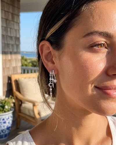 Gold Earrings for Women Trendy 14K Gold Plated Dangle Earrings Small Hoop Huggie Drop Stud Earrings Cubic Zirconia Simple Minimalist Dainty Chain Tassel Hypoallergenic Earrings - color: Celestial & Silver