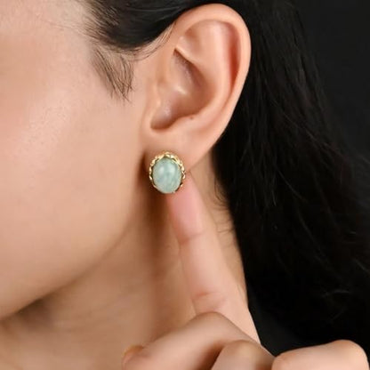 Gempires Bold Oval Gemstone Stud Earrings for Women – Natural Healing Stone Jewelry 14K Gold-Plated Hypoallergenic Tarnish-Resistant – Bold Statement Studs Gift for Her - style: Amazonite