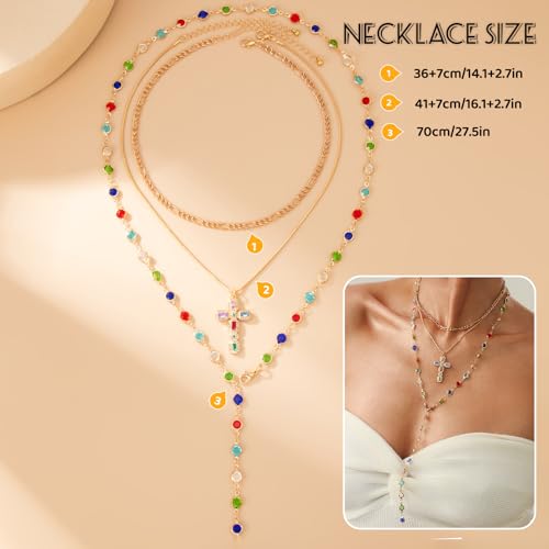 Layered Cross Necklace Set for Women, Layered Choker Necklaces Trendy Jewelry, Colorful Enamel Beaded Y-Shaped Lariat Necklace, Boho Multilayer Cross Necklace for Party and Daily Wear - color: Gold-08