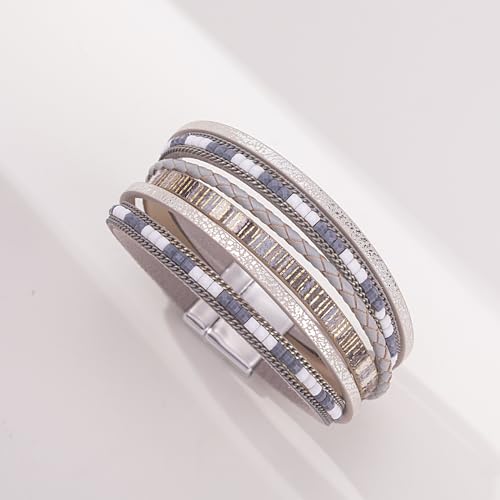 Boho Layered Leather Wrap Bracelets Chunky Western Country Hippie Jewelry | Stackable Bohemian Cowgirl Magnetic Clasp Cuff Bangle Set Fashion Stack Statement Festival Trendy Jewelry Gifts for Women - color: Grey