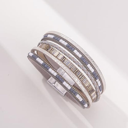 Boho Layered Leather Wrap Bracelets Chunky Western Country Hippie Jewelry | Stackable Bohemian Cowgirl Magnetic Clasp Cuff Bangle Set Fashion Stack Statement Festival Trendy Jewelry Gifts for Women - color: Grey