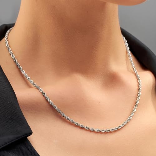 LIFETIME JEWELRY Gold Rope Chain for Men & Women - 24k Gold Necklace - Lifetime Replacement - Diamond Cut Real Gold Plated Chain - Heavy Duty Clasp - 3mm - color: White Gold, size: 14 inches